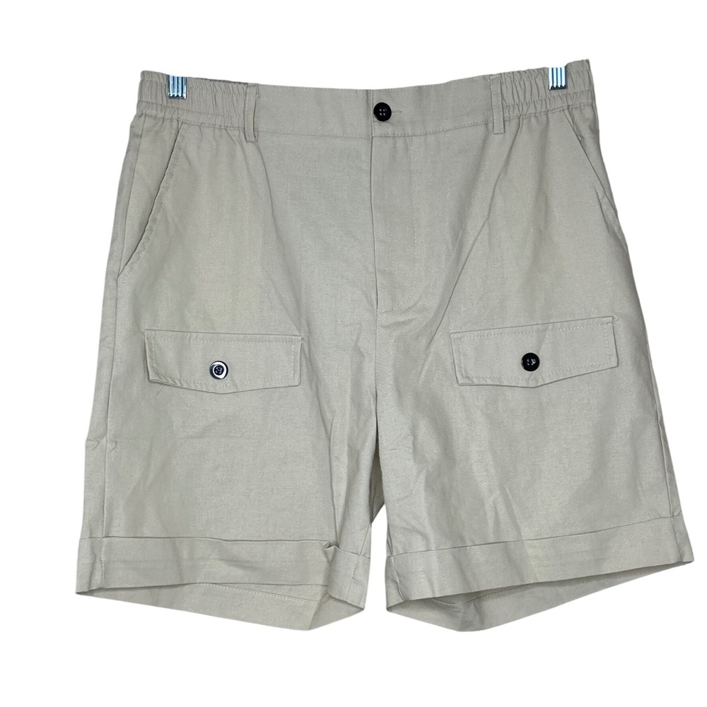 Ouku NWT Shorts Men Large‎ Beige pocket Details Linen Cotton Casual Beach Comfy